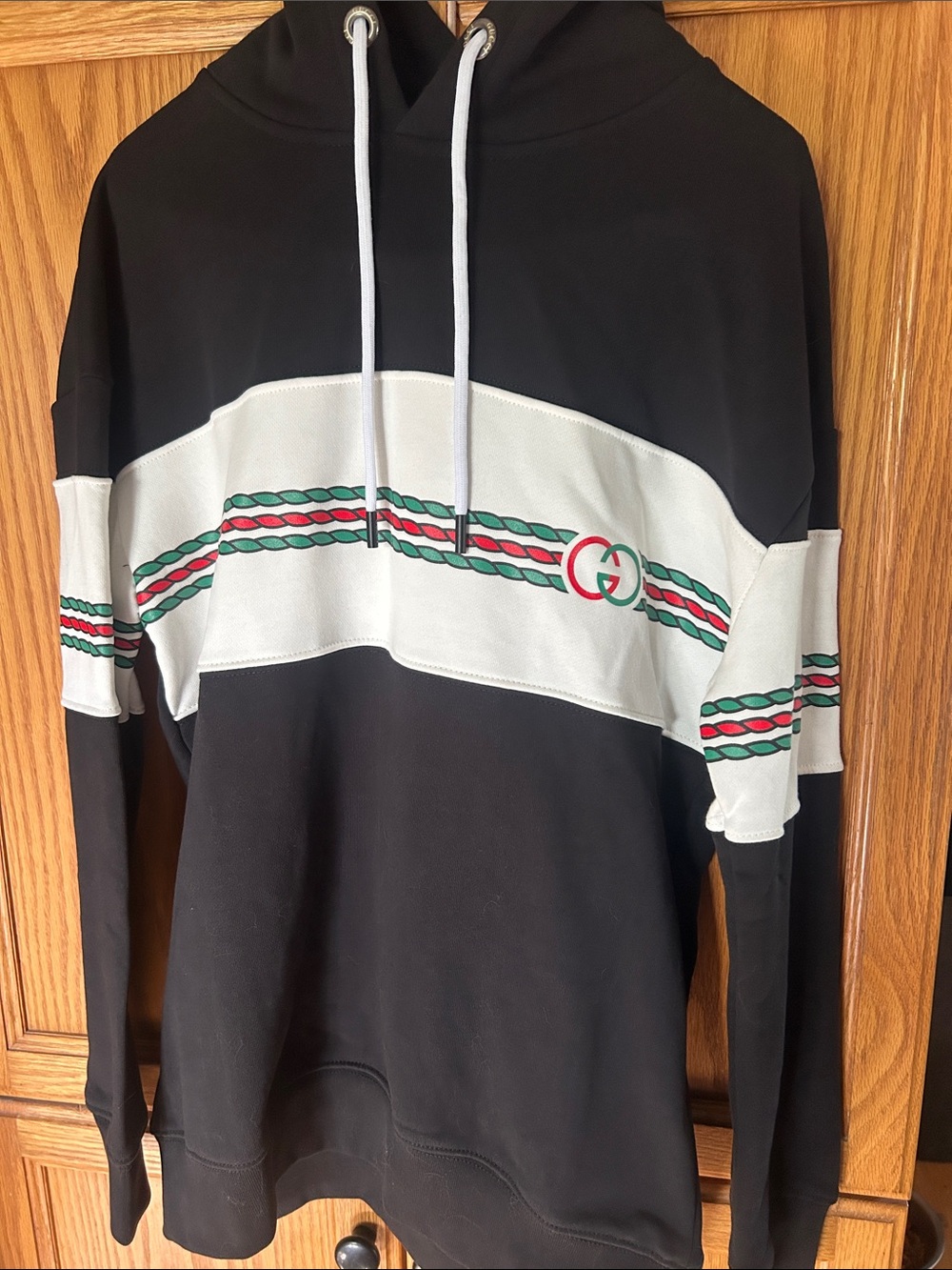 Gucci Black Hoodie with White Panel and Green-Red Stripe